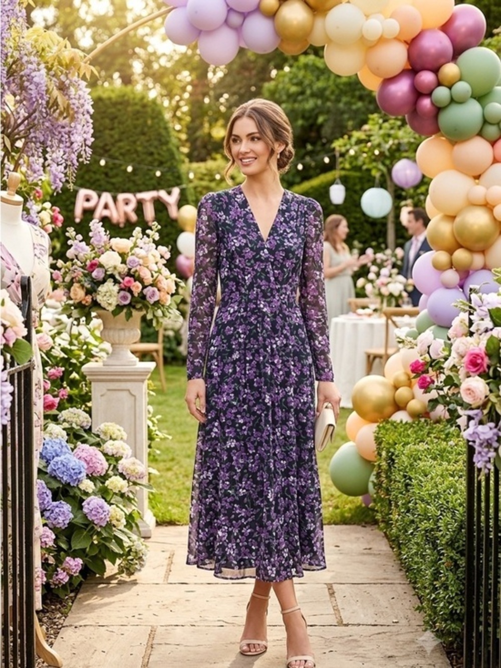 WAYF Celeste Floral Pleated Long Sleeve Maxi Gown DRESS PURPLE Size Small NWT